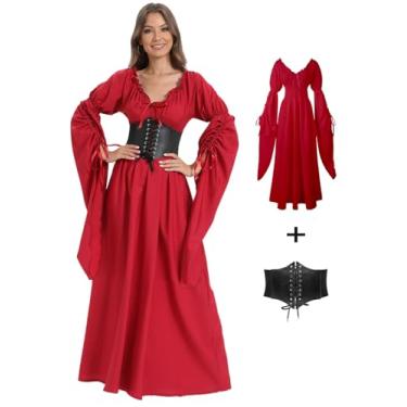 Imagem de VNVNE Vestido feminino de bruxa renascentista de Halloween, fantasia vitoriana vintage medieval pirata camponesa gótica cosplay, Vinho tinto, XXG