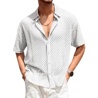 Imagem de Runcati Camisa masculina de malha de crochê vazada manga curta casual transparente verão praia tops, Branco, GG