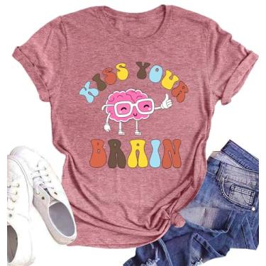 Imagem de Camisetas femininas com estampa gráfica Kiss Your Brain Retro Teaching Life Inspirational, rosa, GG