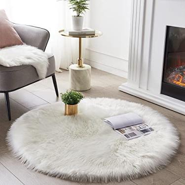 Imagem de SERISSA Tapete de área de pele de carneiro sintética redondo macio círculo branco tapetes felpudos tapete circular felpudo tapete circular de pelúcia tapetes de brinquedo para quarto de meninas castelo de princesa natal, 1,5 m de diâmetro