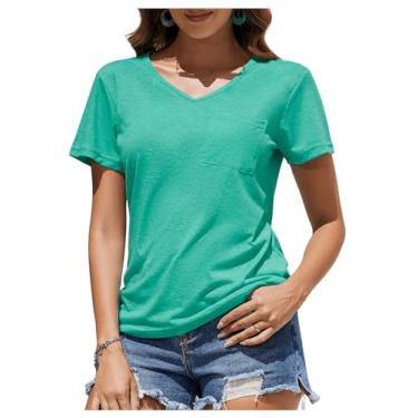 Imagem de SweatyRocks Camisetas femininas de manga curta e gola V macias e casuais com bolso, Azul-petróleo, M