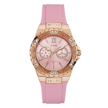 Imagem de GUESS Relógio feminino de aço inoxidável + silicone resistente a manchas com funções de dia + data (modelo: U1053L), Rosa/tom de ouro rosa/rosa, NS, LIMELIGHT