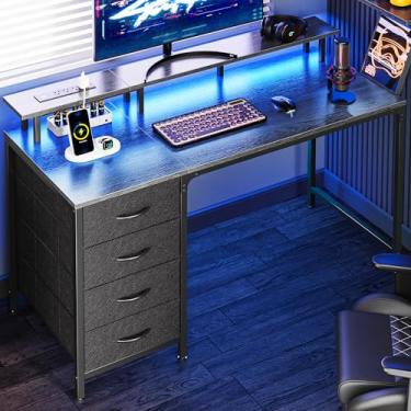 Imagem de Huuger Mesa de computador de 120 cm com tomadas elétricas e luzes LED, mesa de jogos com 4 gavetas, mesa de escritório com suporte para monitor, mesa de estudo para escritório em casa, espaços