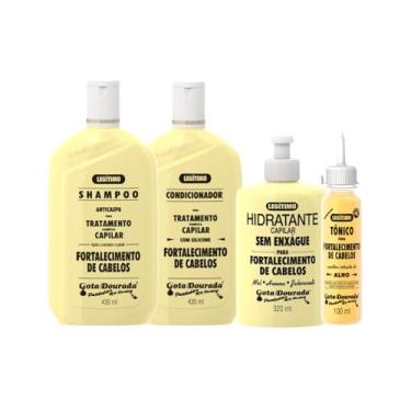 Imagem de Conjunto 4 Peças Shampoo Condicionador Tônico Creme P/Pentear Legítimo Alho Original - Gota Dourada