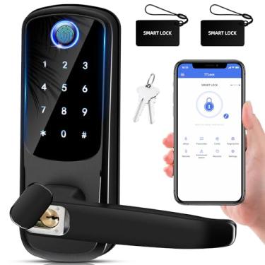 Imagem de Fechadura de porta inteligente com alça, fechadura digital de entrada sem chave para porta frontal/interior, fechaduras externas de impressão digital, fechadura eletrônica com teclado, maçaneta