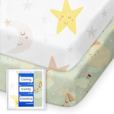 Imagem de TotBasic Lençóis macios da Cloud Pack N Play – Compatível com Graco, 4moms, Dream On Me, Baby Trend e outros 27 x 39/24 x 38 polegadas, malha de algodão jersey, pacote com 2 (planeta e lua)