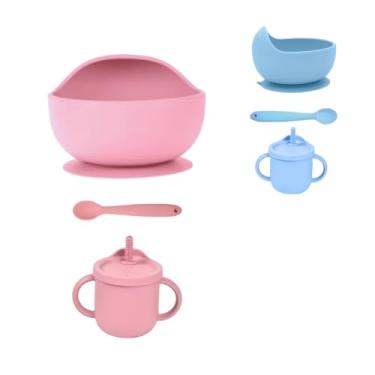 Imagem de Kit Bowl Infantil Bebe De Silicone Com Copo e Talher Prato Redondo Com 3 Divisórias E Ventosa (Rosa)