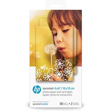 Imagem de HP Sprocket Papel fotográfico e cartuchos Studio 4x6 (80 folhas – 2 cartuchos) compatível apenas com impressora HP Studio.