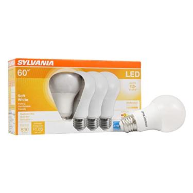 Imagem de Lâmpada SYLVANIA LED A19, equivalente a 60W, 9W eficiente, base média, fosco regulável 2700K branco macio, pacote com 4