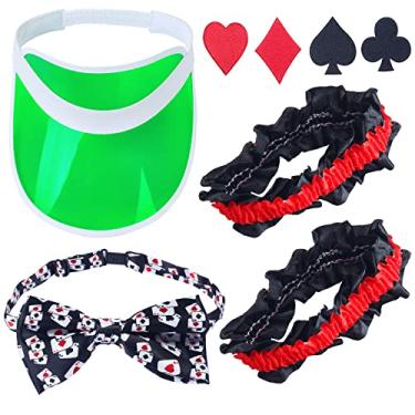 Imagem de Yewong Casino Dealer Costume Set Green Visors Hat Bowtie Armband Playing Card Patch for Las Vegas Birthday Game Night Party (Set A)
