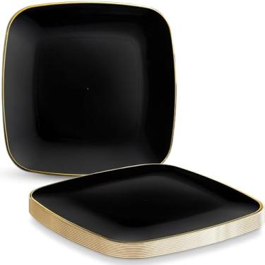 Imagem de Pratos de sobremesa de plástico quadrados de ouro preto premium - 15,24 cm (pacote com 12) | Elegante e durável para festas, eventos e entretenimento fácil