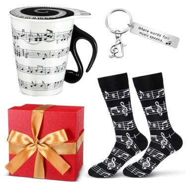 Imagem de Tioncy 4 peças de presente de nota musical para amantes de música, caneca de café com tampa e alça, meias de notas musicais, chaveiro de música e caixa para presente de aniversário de Natal, mulheres,
