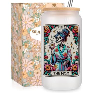 Imagem de Fairy's Gift Chávenas de café gelado Skeleton Mom, copo de vidro fosco fofo de 473 ml com tampa e palha, cartas de tarô the Mom Halloween Skull Aesthetic Cups, presentes de mãe bruxa, presentes de