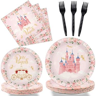 Imagem de 96 peças de artigos de festa de princesa - Conjunto de talheres florais rosa com pratos e guardanapos para meninas aniversário chá de bebê - Decorações e lembrancinhas servindo 24