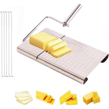 Imagem de ZLLITONS Cortador de queijo de aço inoxidável e 5 fios de substituição, cortador de queijo de metal e tábua de cortar para queijo em bloco