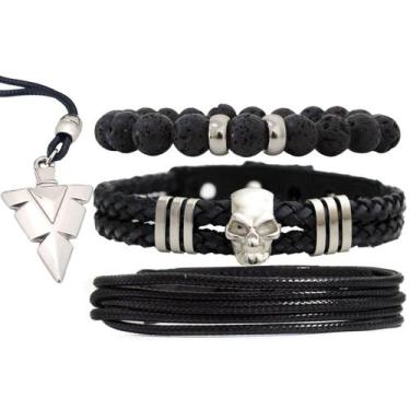 Imagem de Pulseiras Masculinas Couro Caveira Prata Kit C / 03 + Colar Ponta de F
