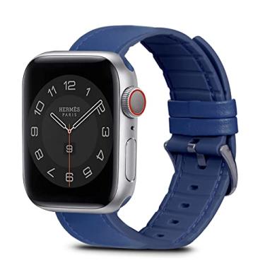 Imagem de Pulseira de couro de silicone para Apple Watch 7, SE, 6, 5, 4, 3, 2 e 1 de 41 mm, 40 mm, 38 mm, feminina, masculina, couro genuíno e borracha híbrida à prova de suor