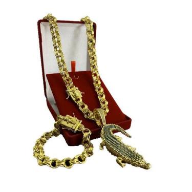 Imagem de CORRENTE FRISO + PULSEIRA  (12mm) + PINGENTE JACARÉ - FECHO ESPECIAL -
