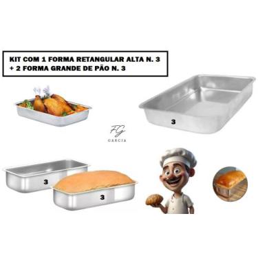 Imagem de Kit De 1 Forma Retangular Alta N. 3 + 2 Forma De Pão Grande N. 3 Alumí