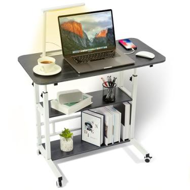 Imagem de BYMECOST Mesa de computador de estudante de altura ajustável com lâmpada de mesa de LED dobrável, mesa móvel para laptop para escritório em casa, espaços pequenos de 80 cm, mesa de pé sobre rodas com