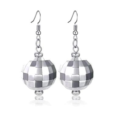 Imagem de RofYof Brincos de bola de discoteca de prata dos anos 60 e 70, brincos refletivos para mulheres, meninas, acessórios de roupa, Metal