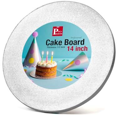Imagem de Paremmin Tábuas de bolo redondas de 35,5 cm de espessura, pacote com 1 tambor de bolo prateado resistente com bordas retas lisas, à prova d'água e à prova de óleo (35,5 cm)