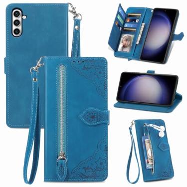 Imagem de Furiet Capa carteira para Samsung Galaxy S24 Plus/S25 Plus S24+ S25+ 5G com cordão de pulso, estampa floral bolso com zíper capa de telefone para S24Plus 24S + S 24 24+ S25Plus 25S 25+ Azul