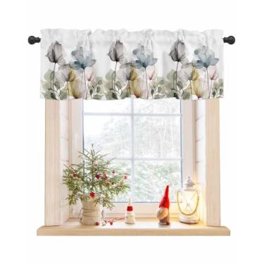 Imagem de Cortina de flores em aquarela para janelas, pintado à mão, azul, amarelo, cinza, preto, 137 x 45,7 cm, cortinas de tratamento de janela, topper, bolso para varão, flores vintage, sanefas para cozinha,