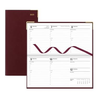 Imagem de Letts of London® Agenda e agenda semanal/mensal clássica 2025, 12 meses, janeiro a dezembro, cantos dourados, horizontal, tamanho fino, 16,8 cm x 8,3 cm, inglês, vinho (C32SBY-25)