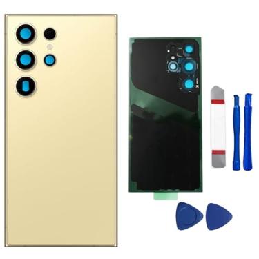 Imagem de Substituição de vidro traseiro para Galaxy S24 Ultra para Samsung Galaxy S24 Ultra 5G com lente de câmera pré-instalada e adesivo + kits de ferramentas de reparo (ouro amarelo)