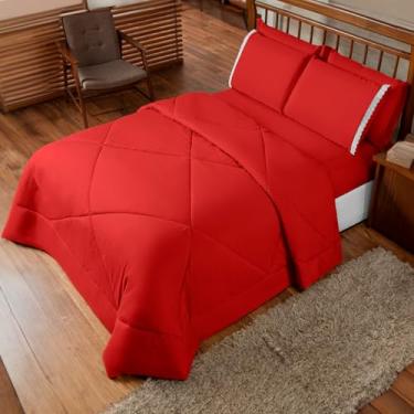 Imagem de Kit Completo Casal Queen e Padrão - Edredom Dupla Face, Lençol com Elástico, Fronhas com Lese, Porta Travesseiros e Acabamento Premium Conforto e Elegância (Vermelho, Casal Padrão e Queen(240x215cm))