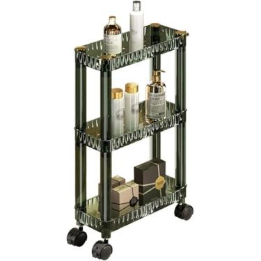 Imagem de Armário estreito em pé no banheiro para armazenamento de maquiagem com rodas, carrinho de armazenamento fino com rolamento, unidade de prateleiras móveis de 3 camadas, organizador de banheiro, verde,