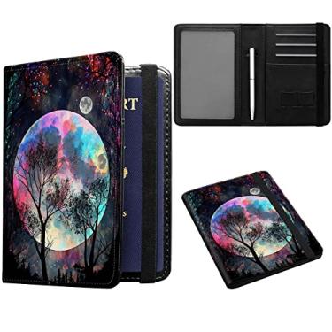 Imagem de JANENFNA Porta-cartão de passaporte e vacina, carteira de viagem, bloqueio de RFID, capa de couro PU com compartimento protetor de cartão de vacina com caneta, para mulheres e homens, Lua cheia com