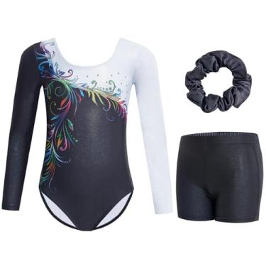 Imagem de Gogokids Collant de ginástica para meninas manga longa brilhante strass conjunto de dança com shorts e scrunchie roupa esportiva 3-12 anos, B-branco/preto, 9-10 Anos