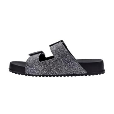 Imagem de Melissa Cozy M Lover Slides para mulheres – Sola grossa com tiras ajustáveis de fivela dupla, sapatos veganos sem cadarço, escorregadores supermacios e flexíveis com design de bico aberto, Jeans preto