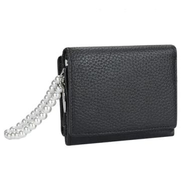 Imagem de AurexaFashion Carteira feminina de couro genuíno com três dobras, porta-moedas, porta-cartões de identificação com alça de mão, #01 Preto, Short; 4.33" x 3.34" x 1.18", Carteira feminina de três