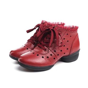 Imagem de ZHENSI Botas femininas de dança de couro Jazz Shoes de salto baixo com cadarço e sola dividida modernas, botas de dança latina, Vermelho B, 38