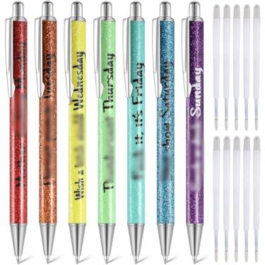 Imagem de Sherr 7 peças de canetas divertidas para o dia da semana, canetas esferográficas engraçadas com glitter, extravagantes, com 10 peças de refil de tinta preta, presente fofo para colegas, material de escritório