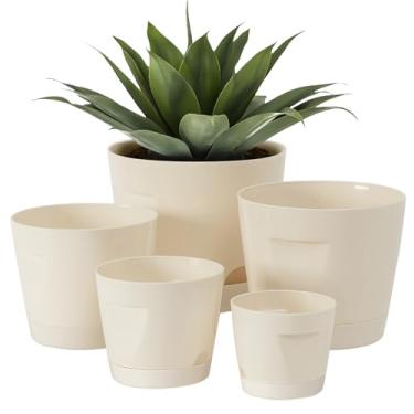 Imagem de Outigu Pacote com 5 vasos de plástico com drenagem, vasos autoirrigáveis para plantas de interior, pequenos vasos de plástico fofos em 5 tamanhos, ideal para plantas de interior (branco creme)