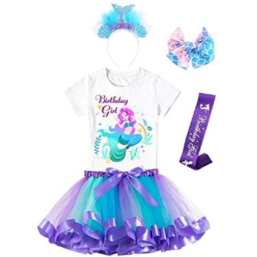 Imagem de Doctor Unicorn Conjunto de roupa de sereia de aniversário para meninas, saia tutu, camisa de aniversário de sereia, faixa de cabeça e faixa de cetim, Sereia, 8-9 Anos