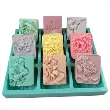 Imagem de Molde de sabão de flores mistas com 9 cavidades, moldes de silicone feitos à mão para sabonete, vela, cera de fregrance, chocolate, bolo, gesso aromático, artesanato em resina decorada