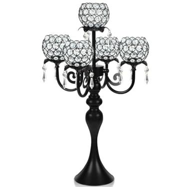 Imagem de Castiçal de candelabro dourado, centro de mesa elegante com pingente de cristal decorações de mesa castiçais de 5 braços para sala de jantar, 57 centímetros de altura (1, preto)