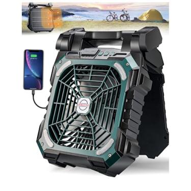 Imagem de DUKUSEEK Ventilador de acampamento de energia solar de 10 polegadas com painel solar de 8,5 W/7 V, ventiladores portáteis operados por bateria de 10400 mAh, ventilador de mesa ajustável de 90°, cooler