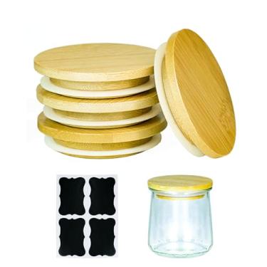 Imagem de TERESRY Pacote com 4 tampas de pote de iogurte Oui com 4 etiquetas, tampas de bambu de grau alimentício para potes de iogurte Oui de 142 g, tampas de conserva de madeira reutilizáveis perfeitas para