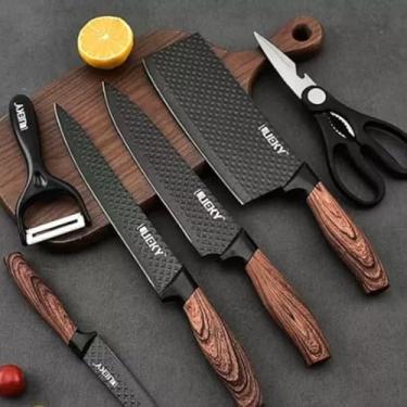 Imagem de Kit 6 Peças Conjunto de Faca Profissional Carne Cutelo Legumes Aço Carbono Descascador Tesoura