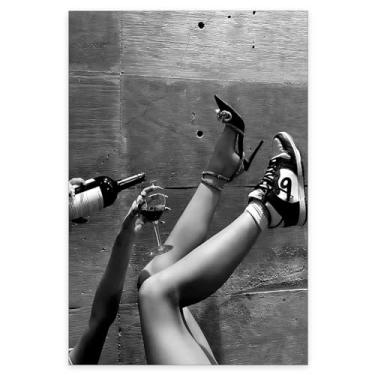 Imagem de Heltrappe Pôster feminino urbano elegante preto e branco arte de parede descolada vintage estética moderna bar carrinho decoração de vinho impressões em tela bar decoração de parede 40 x 61 cm sem