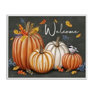 Imagem de Stupell Industries Welcome with Autumnal Pumpkins White Framed Giclee Wall Art Design por Elizabeth Tyndall, 14 x 11