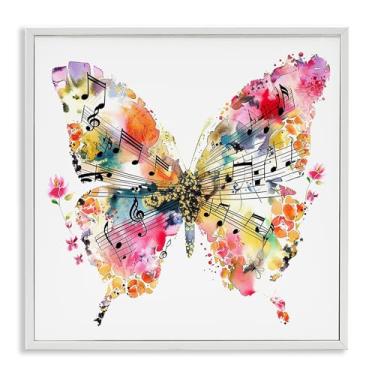 Imagem de Stupell Industries Desenho de arte de parede giclée emoldurado branco borboleta e notas musicais por LSR Design Studio, 17 x 17