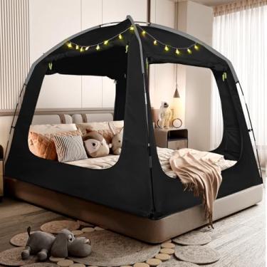 Imagem de RIYDH Barraca para cama, dossel respirável 100% para adultos e crianças, redução de luz, barracas de sonho para dormir, interior, portátil, grande espaço com cordão de luz, 4 portas, solteiro, queen