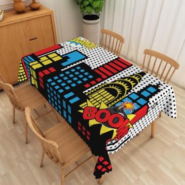 Imagem de SIEDYCV Toalha de mesa de desenho animado de super-herói, 187 x 272 cm, humor, abstrata, tema de aniversário, festa retangular, toalha de mesa impermeável para sala de jantar, cozinha, decoração de